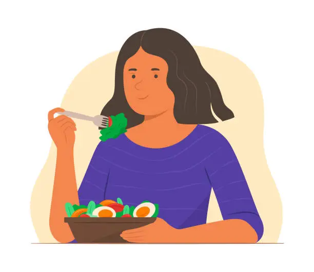 Vector illustration of Vegetarian Woman Enjoy Eating Salad