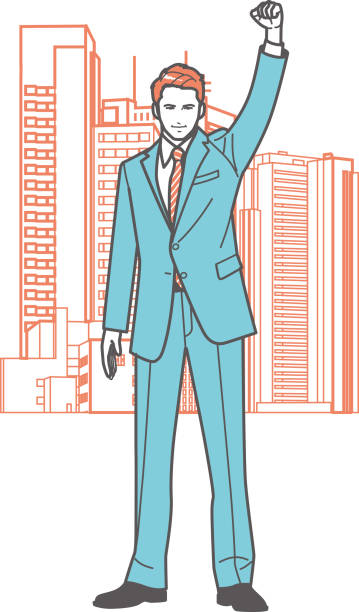 illustrations, cliparts, dessins animés et icônes de homme d’affaires posant pour une pose motivante, bâtiments en arrière-plan - portrait homme sérieux extérieur