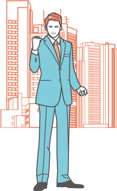 illustrations, cliparts, dessins animés et icônes de homme d’affaires posant pour une pose de motivation, bâtiments en arrière-plan - portrait homme sérieux extérieur