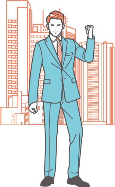 illustrations, cliparts, dessins animés et icônes de homme d’affaires posant pour une pose motivante, bâtiments en arrière-plan - portrait homme sérieux extérieur