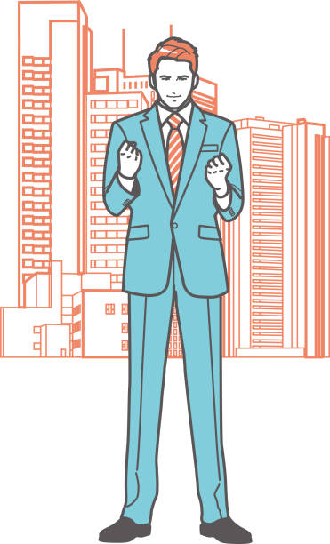 illustrations, cliparts, dessins animés et icônes de homme d’affaires posant pour une pose de motivation, bâtiments en arrière-plan - portrait homme sérieux extérieur