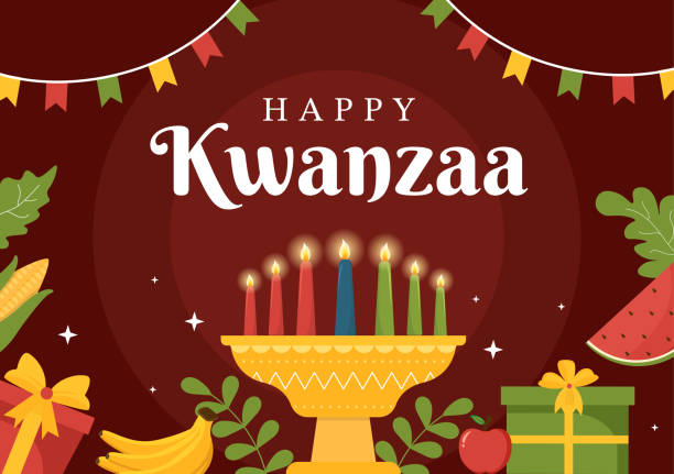 illustrations, cliparts, dessins animés et icônes de happy kwanzaa holiday modèle africain dessin animé à la main illustration plate avec ordre de nom de 7 principes dans la conception de symboles de bougies - kwanzaa
