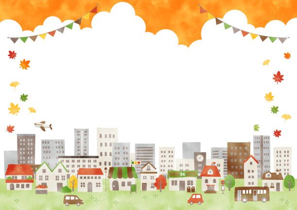 ilustrações de stock, clip art, desenhos animados e ícones de frame of a busy residential and office area in autumn - ônibus de dois andares