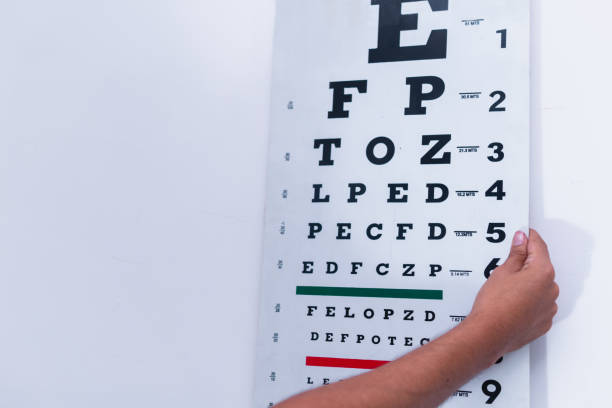 istock High quality photography. Chart or Snellen panel for vision. Eye chart with red and green lines. Vision test sheet. 1420293697