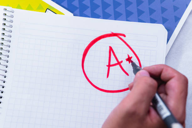 istock High quality photography. Teacher giving an A+ to a student's assignment. Blank sheet with copy space with a passing grade. Student homework with an A+. 1420294557