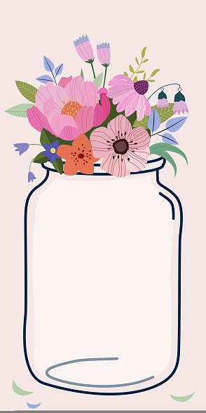 Important Message Written On Vase Full With Different Flowers. Crutial Information On Jar Filled With Plants. Floral Glass With Critical Announcements.