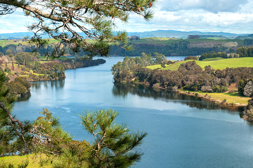Aerial view of Waikato river and picturesque summer landscape, New Zealand