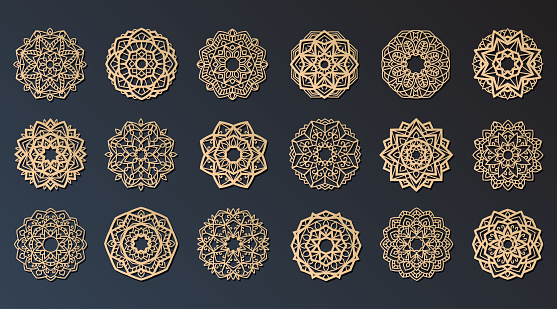 Lotus Mandala Vector Template Set for Cutting and Printing. Oriental silhouette ornament. Vector coaster design.