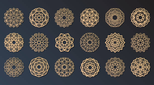03 mandala laser cut (18,218) Lotus Mandala Vector Template Set for Cutting and Printing. Oriental silhouette ornament. Vector coaster design. mandala stock illustrations