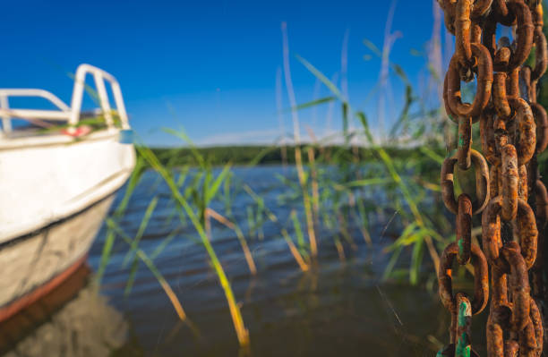 Links of an old rusted chain used to hold the boat on the shore of a lake surrounded by reed and trees under the blue sky