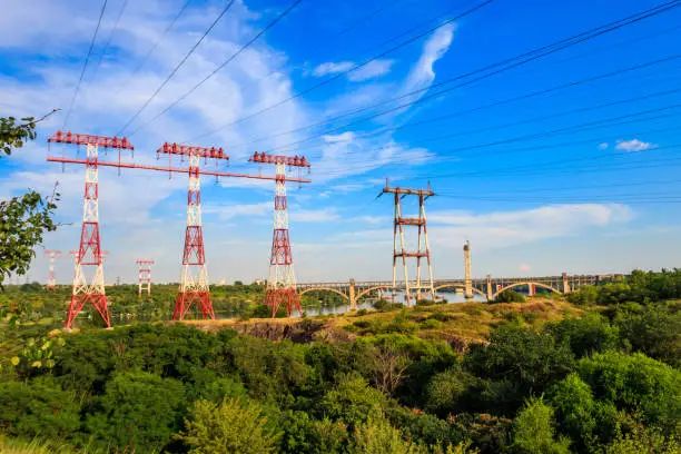 High voltage power line across the Dnieper river on Khortytsia island in Zaporizhia, Ukraine