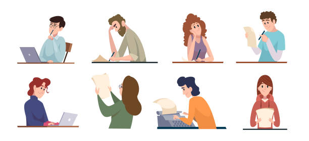 ilustrações de stock, clip art, desenhos animados e ícones de people writers. creative copywriters typing articles and books computing bloggers freelancers exact vector cartoon characters writers - typewriter writing journalist typing