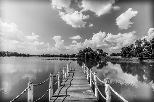 Greyscale vintage look of a small pier in a lake captured on a beautiful sunny day