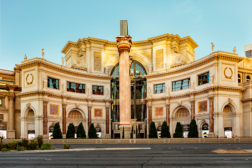 Las Vegas, USA - May 24, 2022: view at old facade of the Forum shops in las Vegas, a high price shopping mall.