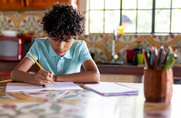istock Latin American boy homeschooling and writing on his notebook 1420320197