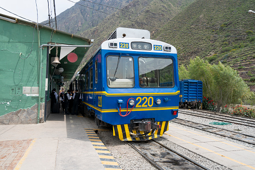 Ollantaytambo, Peru - Dcember 20, 2017: Peru Train to Machu Picchu at the station