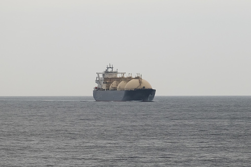LNG (Liquified Natural Gas) tanker floats in the sea.