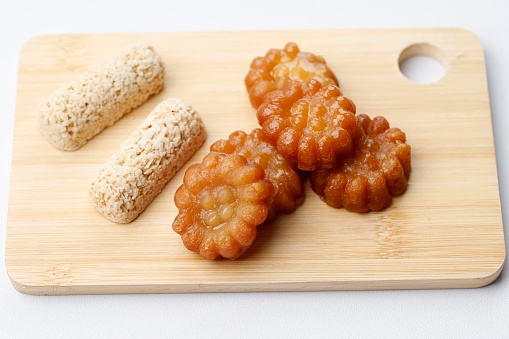 Gangjeong Rice Puff and Yakgwa Honey Cookies, Korean Sweet Food, Selective Focus