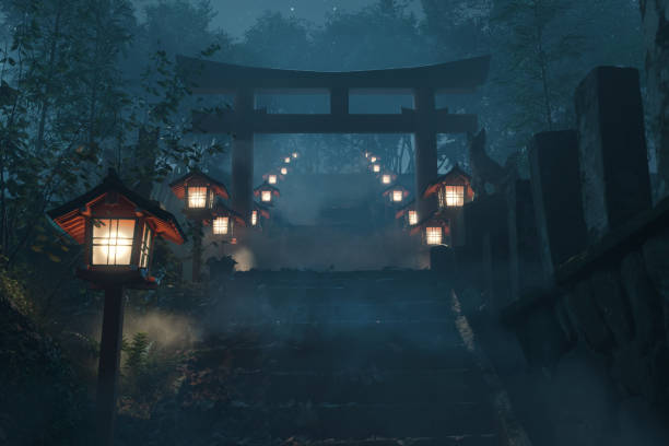 3d rendering of an old japanese shrine with red torii gate and wooden illuminated lantern at foggy night 3d rendering of an old japanese shrine with red torii gate and wooden illuminated lantern at foggy night shinto stock pictures, royalty-free photos & images