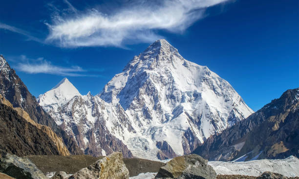 Clouds over the K2 peak, the second highest mountain on the earth K2 or Godwin-Austen peak is a 8,611 m high above sea level and the 2nd highest mountain in the world k2 mountain panorama stock pictures, royalty-free photos & images