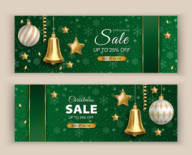 illustrazioni stock, clip art, cartoni animati e icone di tendenza di striscione verde natalizio con campana d'oro, stella d'oro, palline di natale bianche. illustrazione vettoriale del voucher di vendita - holiday christmas backgrounds bell