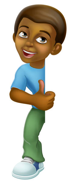ilustrações, clipart, desenhos animados e ícones de black boy cartoon criança criança polegares para cima sinal - frame smiling white background human hand