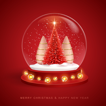 Christmas holiday snow globe with realistic 3D plastic Christmas trees. Merry Christmas and Happy new Year background. Vector illustration