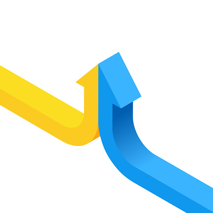 isometric vector illustration on a white background, yellow and blue arrows unite into one, unity and integrity