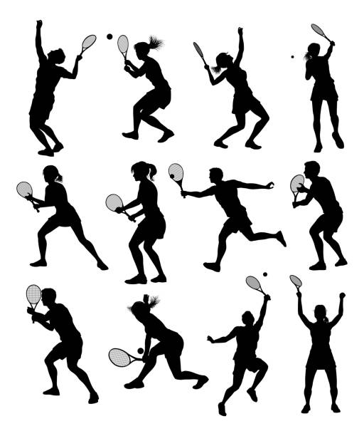 실루엣 테니스 선수 스포츠 사람 세트 - tennis serving silhouette racket stock illustrations