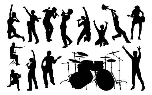 Musicians Group People Silhouettes A set of musicians, rock or pop band singers, drummers, and guitarists high quality silhouettes heavy rock stock illustrations