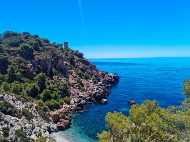 вид с воздуха на скалы маро, вид на средиземное море - andalusia malaga nerja beach стоковые фото и изображения