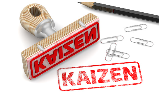 The stamp and red imprint KAIZEN on a white surface. 3D illustration