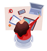 istock Topview illustration of woman working at desk with laptop using tablet with graphics, analyses data 1420370176