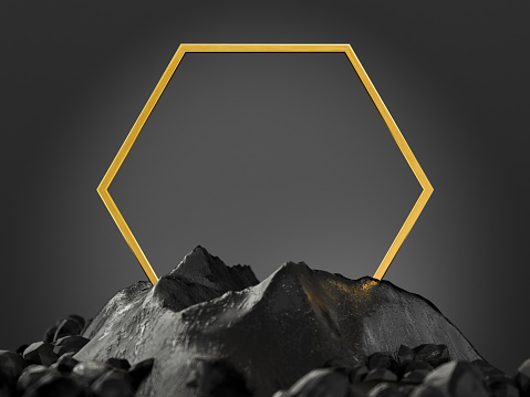 Abstract Dark Background with a Black Rock and Golden Hexagon