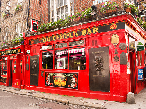 Dublin, Ireland - May 22, 2022: Famous and iconic Temple Bar in the centre of Dublin, Ireland.