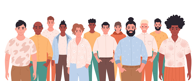 Men of different age, races, appearance. Multicultural society. Social diversity of people in modern society. Fashionable casual outfit. Vector illustration