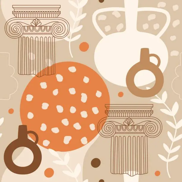 Vector illustration of Seamless pattern with antique Greek column, amphoras, leaves and abstract shapes.