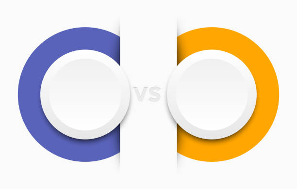 Versus Screen with Empty Round Frames, vector violet and yellow line border on white background. Infographic VS vector papercut design template Versus Screen with Empty transparent Round Frames, vector blue and red line border on white background. Infographic VS vector papercut design template. confrontation stock illustrations