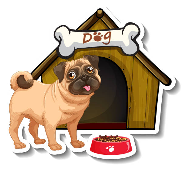 istock Sticker design with pug standing in front of dog house 1420386699
