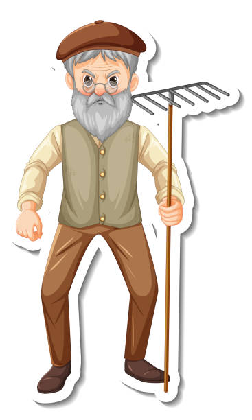 istock Sticker template with a gardener old man holds rake gardening tool isolated 1420388199