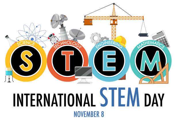 illustrazioni stock, clip art, cartoni animati e icone di tendenza di bandiera del logo della giornata internazionale stem dell'8 novembre - stem tematica