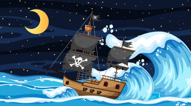 ozean mit piratenschiff bei nacht szene im cartoon-stil - bark stock-grafiken, -clipart, -cartoons und -symbole