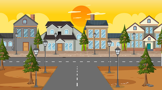 Intersection with many houses background  illustration