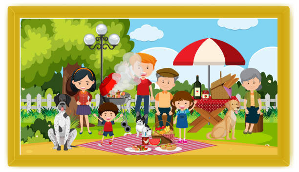 Happy Family Picnic Outdoor Scene In A Photo Frame Stock Illustration -  Download Image Now - Activity, Animal, Blank - iStock