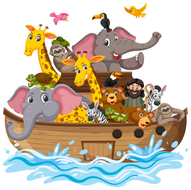 istock Animals on Noah's ark with sea wave isolated on white background 1420390998