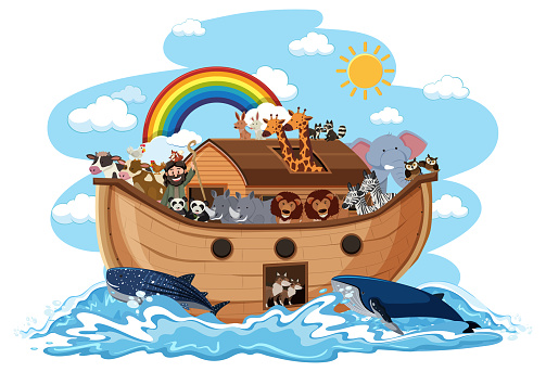 Noah's Ark with Animals on water wave isolated on white background illustration