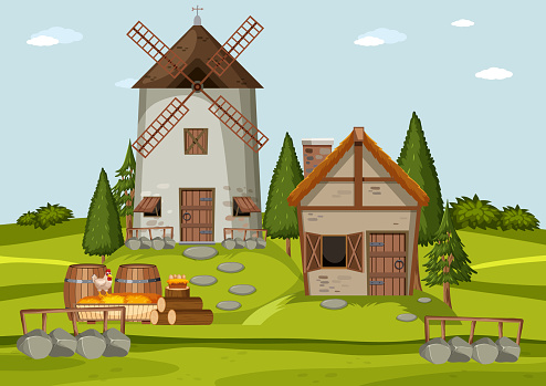 Medieval house style outdoor scene illustration