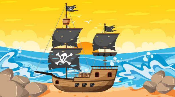 ozean mit piratenschiff bei sonnenuntergang szene im cartoon-stil - bark stock-grafiken, -clipart, -cartoons und -symbole