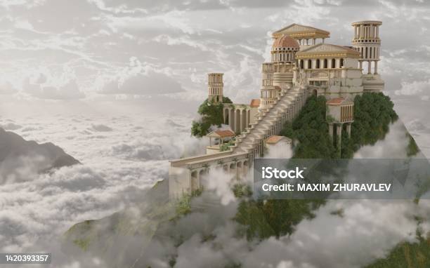 Palace On Mount Olympus Fantasy 3d Illustration Stock Photo - Download Image Now - Fantasy, God, Greece