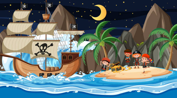 schatzinsel-szene bei nacht mit piratenkindern auf dem schiff - bark stock-grafiken, -clipart, -cartoons und -symbole
